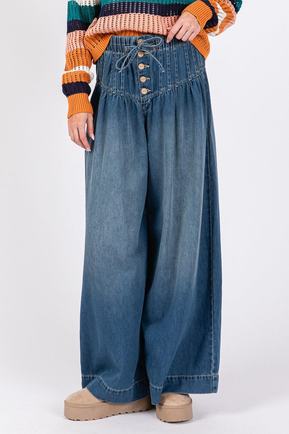 SAGE+FIG Wide Leg Jeans Smocked Waist Band Denim Pants