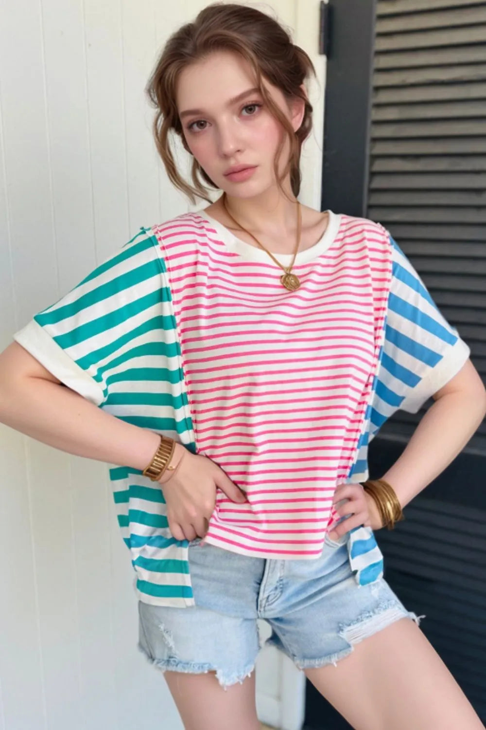 Women's T-Shirt Striped Color Block Batwing Short Sleeve Exposed seam Top 1d09d1bc-e141-4ac0-8dd0-06fc6a468e3d-Max-Origin Trendsi