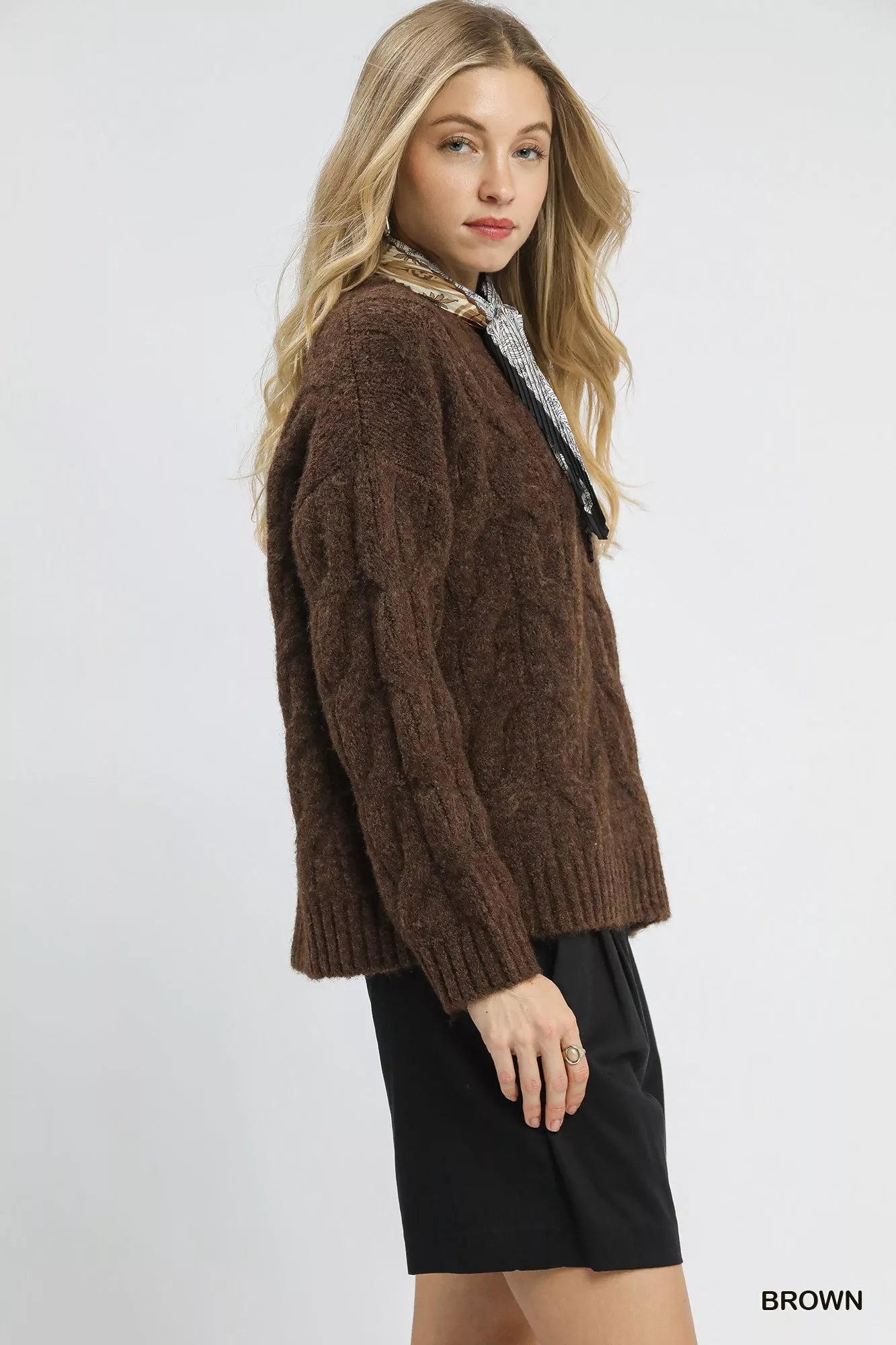 Umgee Women's Sweater Brown Cable Knit Cozy Pullover