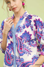 Umgee Womens Blouse Ocena Blue Mix Paisley Print Button Front with Scallop Trim 1d0fff17-f234-496c-8320-8ff00d03a4fb-Max-Origin Trendsi