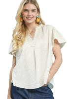 Umgee Blouse Ecru Seersucker Short Sleeve Top with Lace Trim ECRU 1d11c58a-1297-47ba-a701-a60abb616844-Max-Origin Trendsi