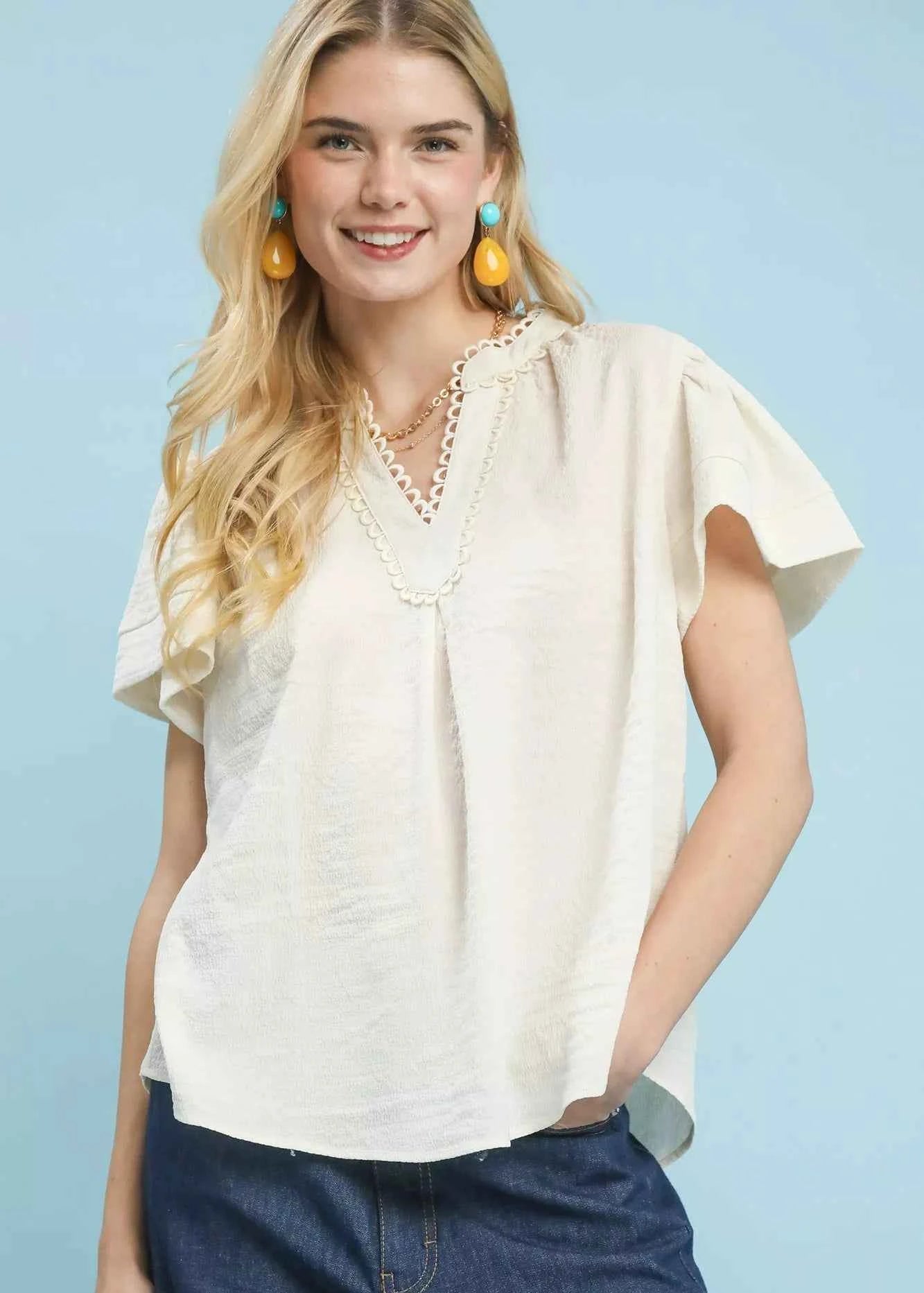 Umgee Blouse Ecru Seersucker Short Sleeve Top with Lace Trim ECRU 1d11c58a-1297-47ba-a701-a60abb616844-Max-Origin Trendsi