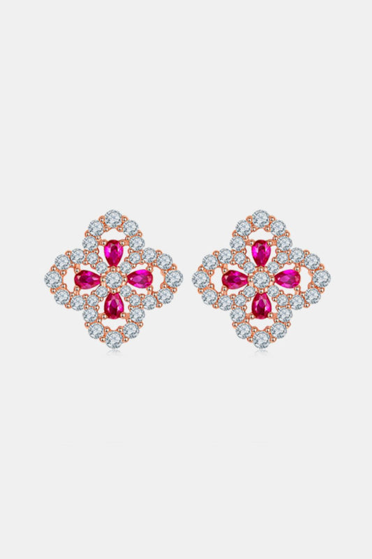 Cultivating Ruby Flower Women Stud Earrings 925 Sterling Silver Lab-Grown Jewelry