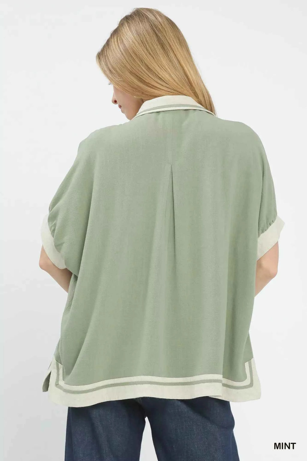 Umgee Linen Blouse Mint Button Front Top with Contrast Piping 1d1f55e1-be2a-4c4c-bb45-f0e6643d3c71-Max-Origin Trendsi
