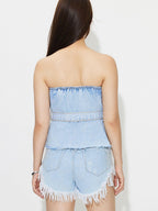 Denim Top Strapless Buttoned Raw Hem Tube Belted 1d25b969-9a75-476a-833f-050341b8844b-Max Trendsi