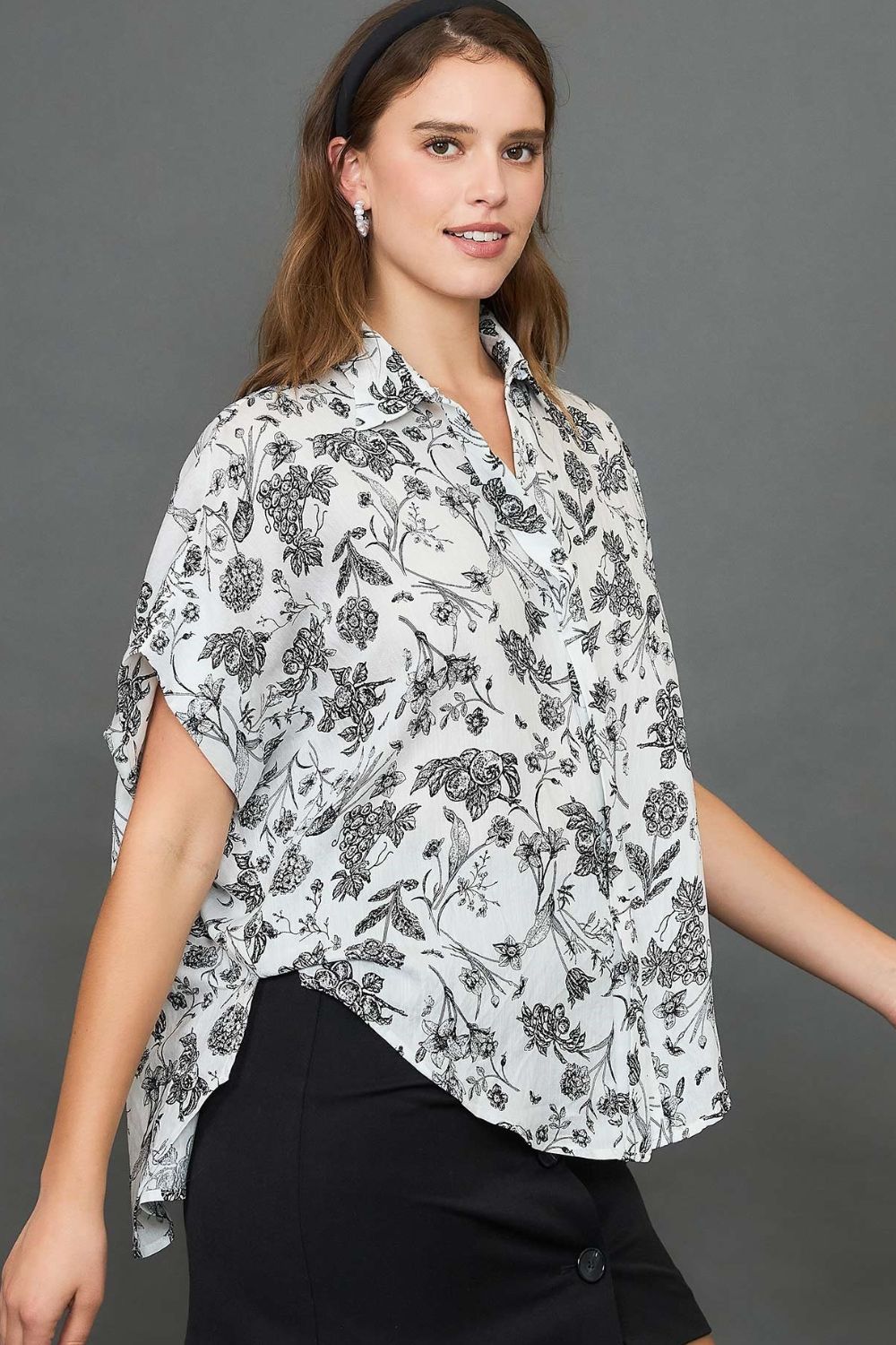 Umgee Shirt Black Floral Two Tone Print Collared Oversized Short Sleeve Top 1d2a4115-39d6-465a-97e6-c88f9d54ca2e-Max Trendsi