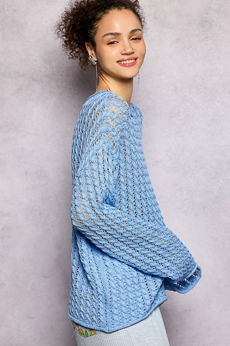 POL Womens Knit Top Blue Openwork Round Neck with Shiny Detail Long Sleeve 1d322b75-3b27-4857-9255-0273c91dd0f1-Max-Origin Trendsi