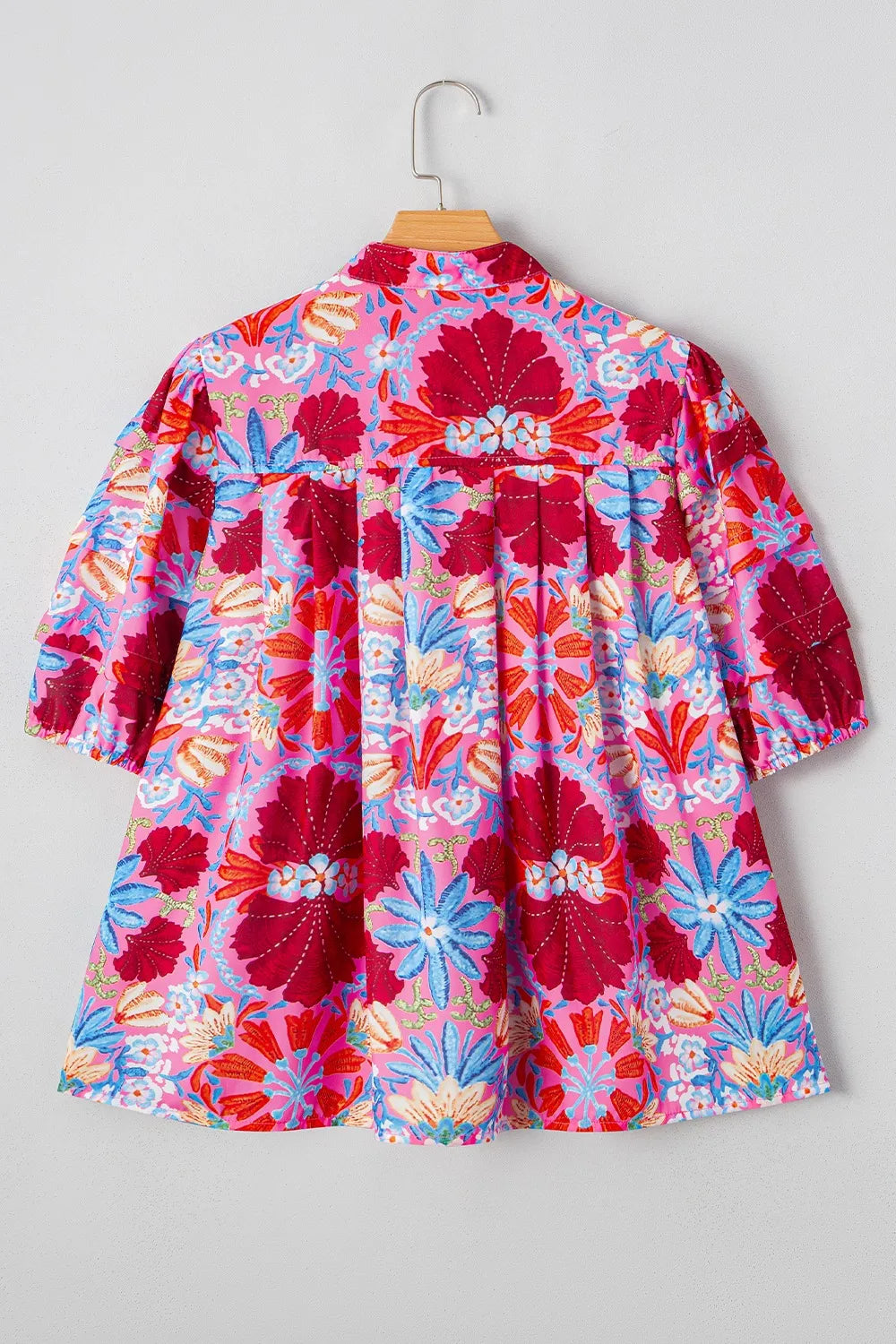 Floral Women's Blouse Pleated Colorful Red Buttoned Puff Short Sleeve 1d333dac-ff22-4ab0-b8e5-1ee87621667a-Max-Origin Trendsi