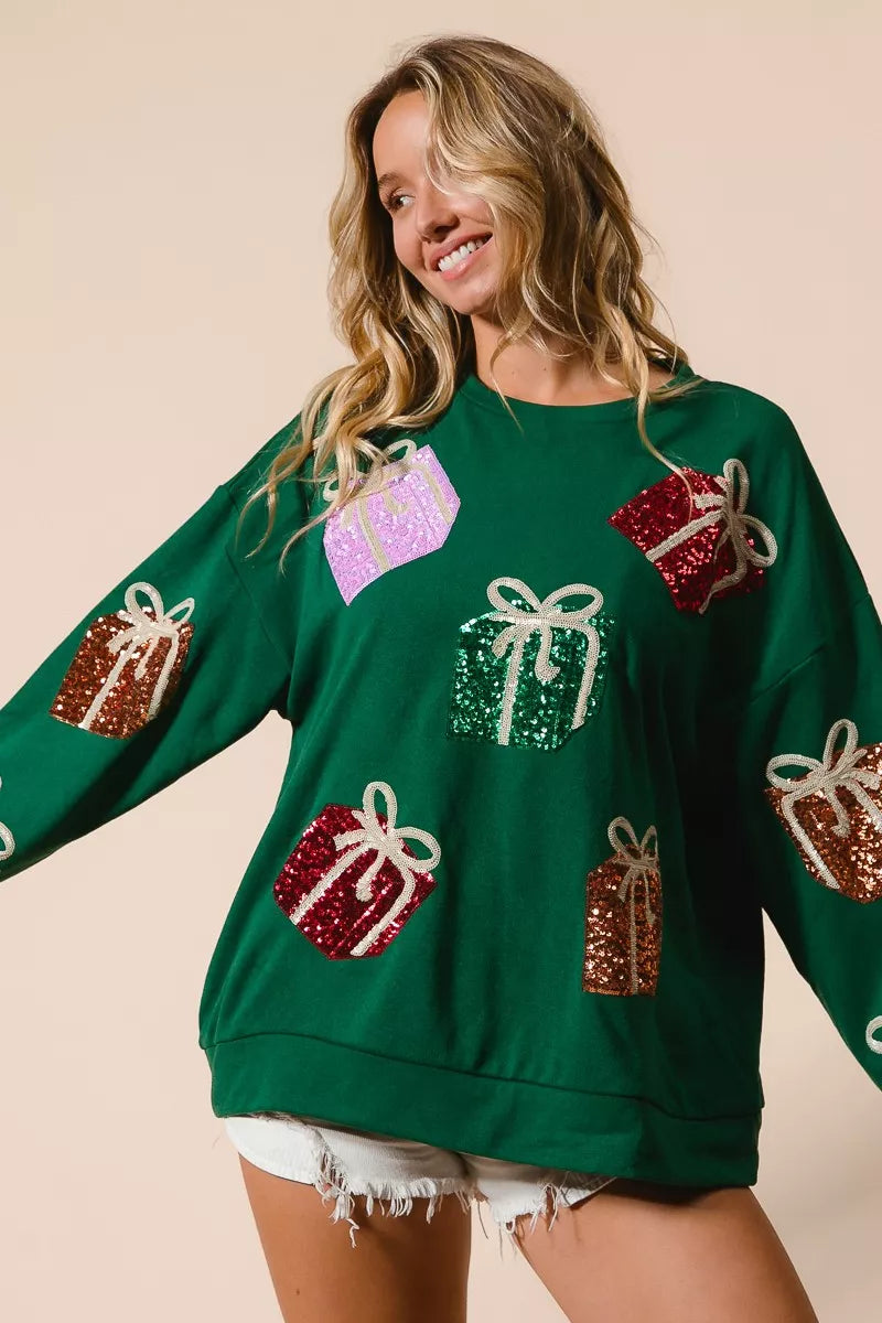 BiBi Pullover Sequin Christmas Gift Box Embroideries Green Womens Sweater 1d382671e98745bd82f0aadf14cd386b-Max-Origin Trendsi