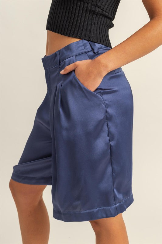 HYFVE Satin Shorts High-Waist Pleated Dusty Blue Ruched with Pockets 1d3b1414-acf3-40d8-b743-858438158e86-Max Trendsi