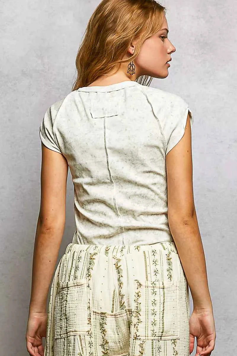 POL V-Neck T-Shirt Ivory Floral Cotton Short Sleeve Washed with Outseam Top 1d3eae48-08d1-4b47-ac77-8bd4cca7e413-Max-Origin Trendsi