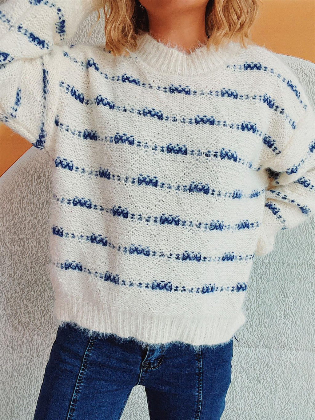 Striped Sweater Round Neck Long Sleeve Soft Knitwear 1d3fbf21-fe47-44b0-b157-a49fea09b2bb-Max Trendsi