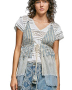 POL Subtle Stripe Pattern Cross-Back String Top with Center Tie Detail