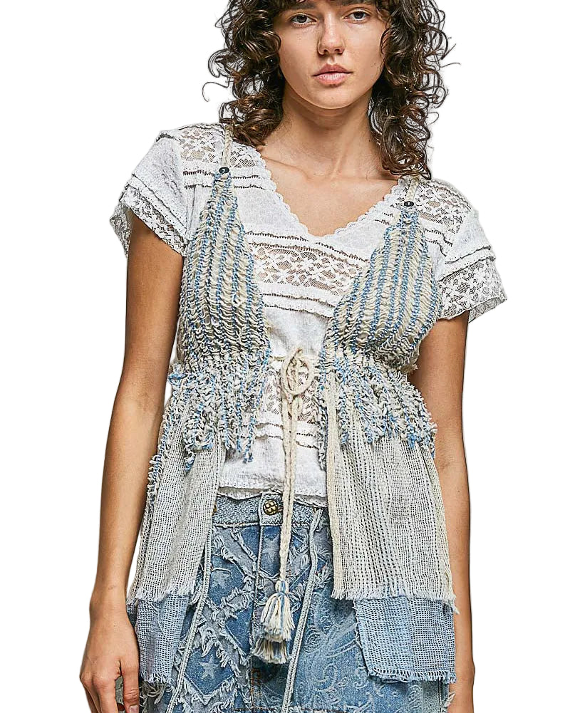 POL Subtle Stripe Pattern Cross-Back String Top with Center Tie Detail