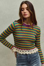 SO ME Mardi Gras Striped Cropped Knit Top with Crochet Edge 1d50db8b19a545e7bd4cf81be5c6f1da-Max-Origin Trendsi
