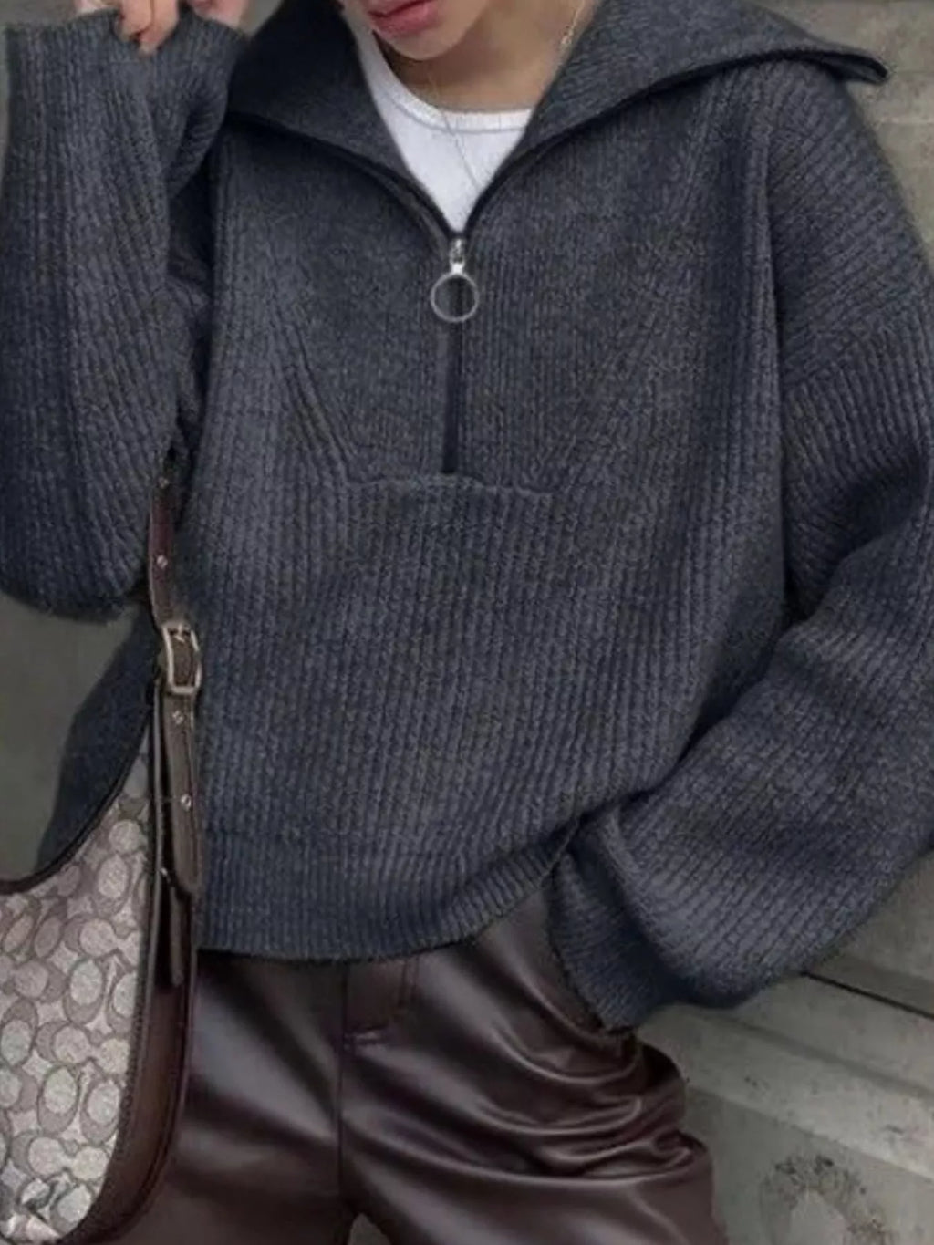 Women's Sweater Half Zip Dropped Shoulder Knit Loose Pullover 1d538799-3620-433c-81e8-9ab98039d650-Max-Origin Trendsi