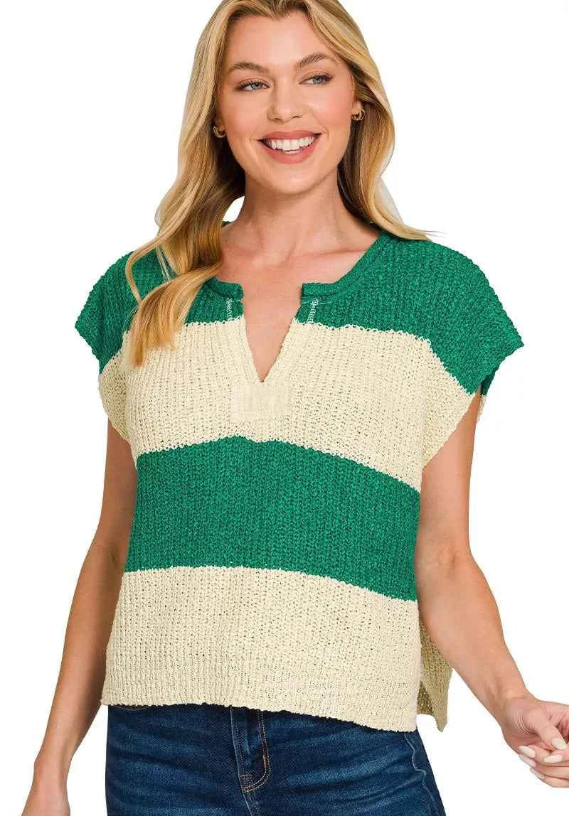 Zenana Women Sweater Green Stripe Split Neck Sleeveless Knit Short Sleeve Top K GREEN 1d55d6da45834070bb7dafb9972e1bc0-Max-Origin Trendsi
