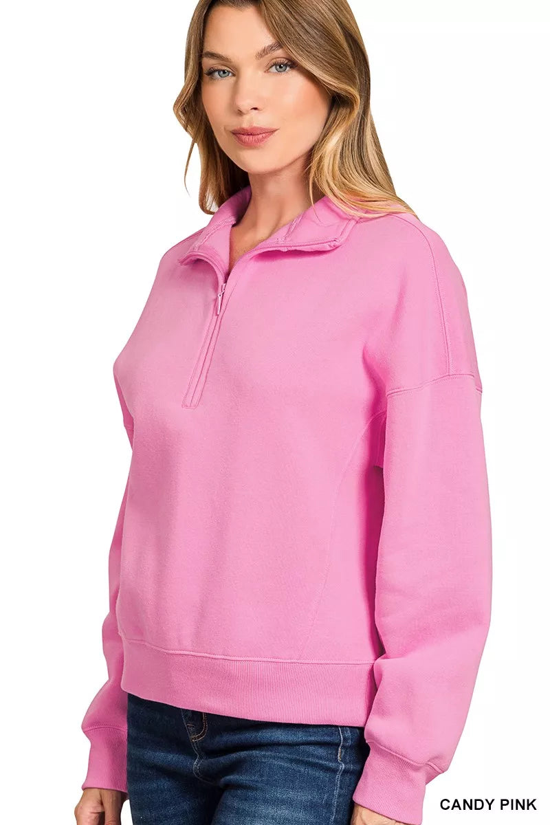 Zenana Women's Sweatshirt Cotton Fleece High Neck Half Zip Pink Top 1d64c8242595446f977ba2dc7e3eb903-Max-Origin Trendsi