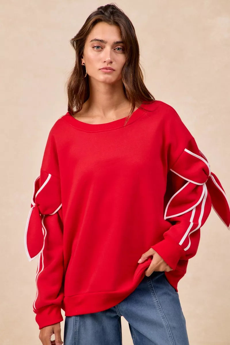 BiBi Fleece Sweatshirt Red Bow Detail Sleeves Womens Pullover 1d6b0069-2764-4e11-abc1-87c3ef451318-Max-Origin Trendsi