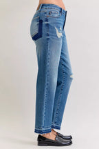 Judy Blue Jeans Boyfriend Patch & Repair Destroy Release Hem Mid Rise Plus Sizes 1d71bec41fab4b389e679aa32174c7fe-Max-Origin Trendsi