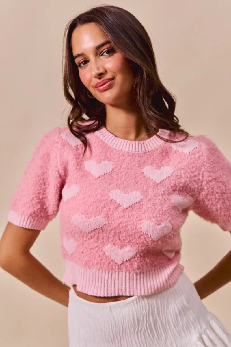 SO ME Valentine Cropped Sweater Pink All Over Heart Short Sleeve PINK BLUSH 1d7ad487b01c4c568d1ffe5fadee0abe-Max-Origin Trendsi