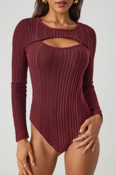 Bodysuit Ribbed Knit Cutout Bust Round Neck Long Sleeve Top Deep Red 1d926e36-dff9-4239-b290-ec58ee0d92f2-Min Trendsi