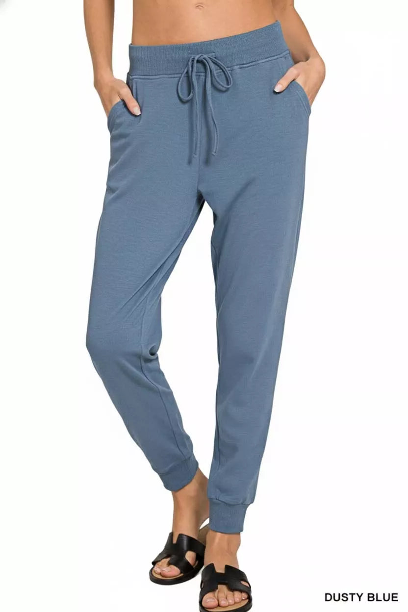 Zenana Cotton Joggers Dusty Blue Womens Drawstring Pants with Pockets 1d987e0b-51a5-44c2-81dc-998009515388-Max-Origin Trendsi