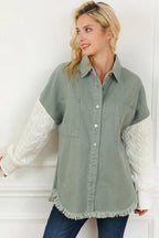 Raw Hem Jacket Cotton Collared Neck Button Up Long Knit Sleeve Outwear 1d9bb8f1-e012-4b27-bb6d-60691d00f9b7-Max Trendsi
