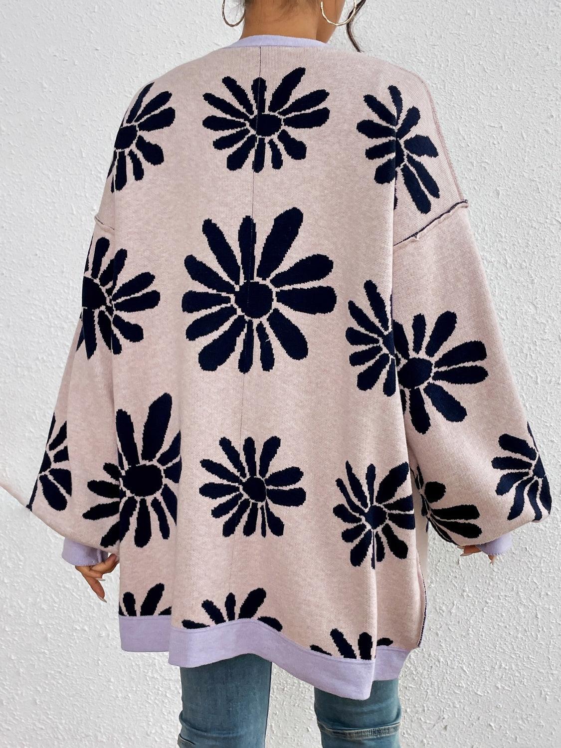 Cardigan Floral Contrast Dropped Shoulder Long Sleeve Knitwear 1da2a763-bcf8-4085-b6e0-348ed37ed38c-Max Trendsi