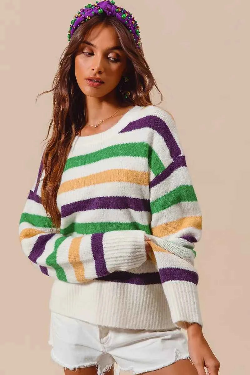 SO ME Sweater Knit Ivory Mardi Gras Color Stripe Long Sleeve Top 1da92a55375d4822ab88dc39d0693e72-Max-Origin Trendsi