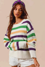 SO ME Sweater Knit Ivory Mardi Gras Color Stripe Long Sleeve Top 1da92a55375d4822ab88dc39d0693e72-Max-Origin Trendsi
