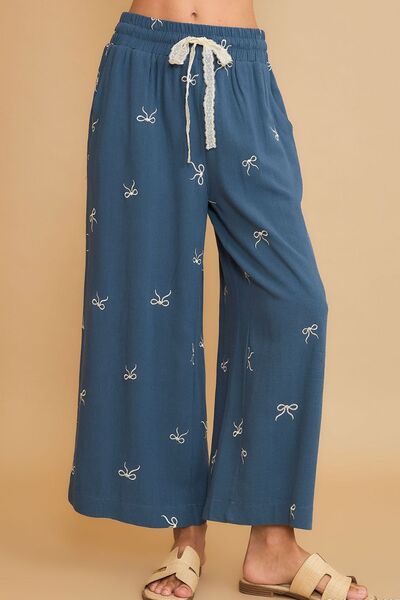 Umgee Linen Blend Pants Bow Embroidered Plus Sizes Blue Drawstring Wide Leg Dusty Blue