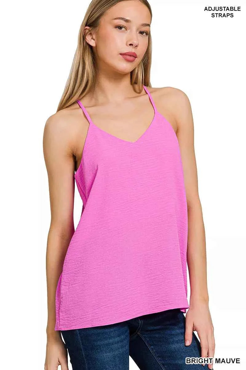 Zenana V-Neck Cami Bright Mauve Woven Airflow Adjustable Strap Top 1db4499c-9eb7-4246-840c-bd58275247a4-Max-Origin Trendsi