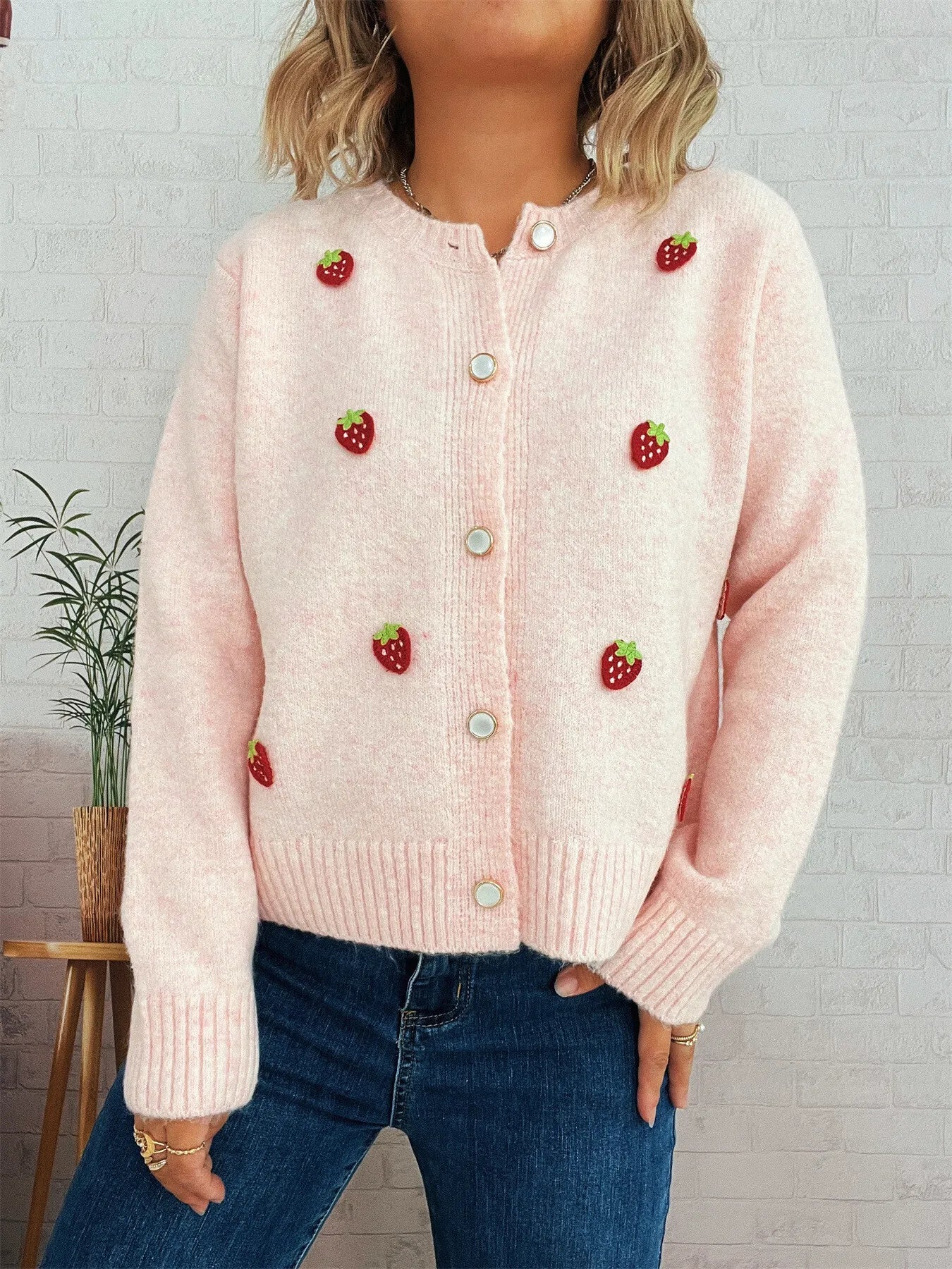 Women's Cardigan Strawberry Button Up Long Sleeve Soft Knit 1dc64cc1837249caa9d6405fff181b05-Max-Origin Trendsi
