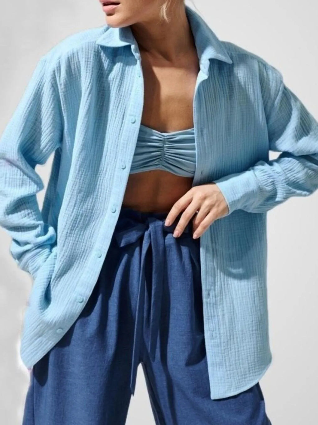 Women's Shirt Texture Oversized Button Up Long Sleeve Top 1dc8f5a1-8b1f-4d19-ab1f-9109aa3f4f97-Max-Origin Trendsi