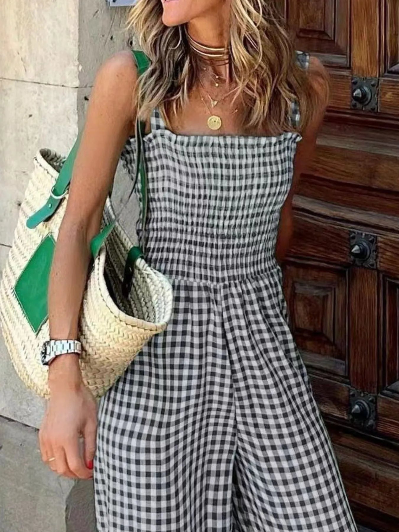 Women's Jumpsuit Gingham Plaid Smocked High Waist Wide-Leg Overall 1dca641d-6e94-4474-87e3-8dd18f451661-Max-Origin Trendsi