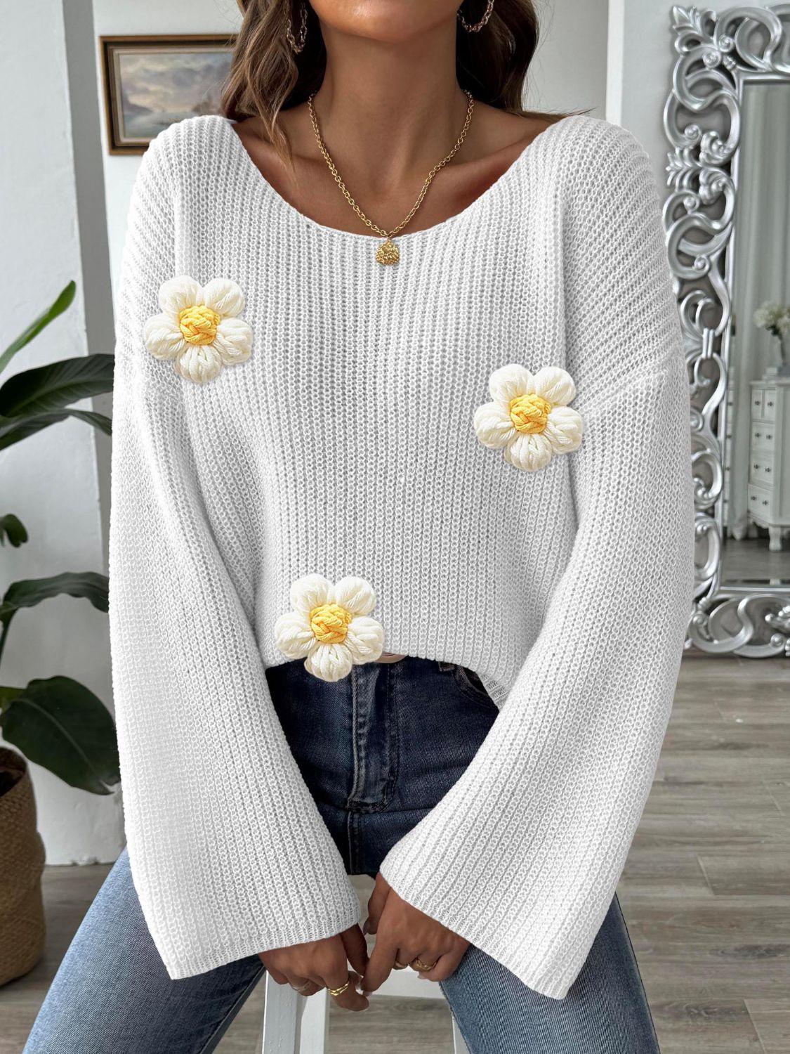 Sweater Flower Knit Applique Round Neck Long Sleeve Knitwear 1dd0ab63-04cd-4695-bf73-00c2a1843799-Max Trendsi
