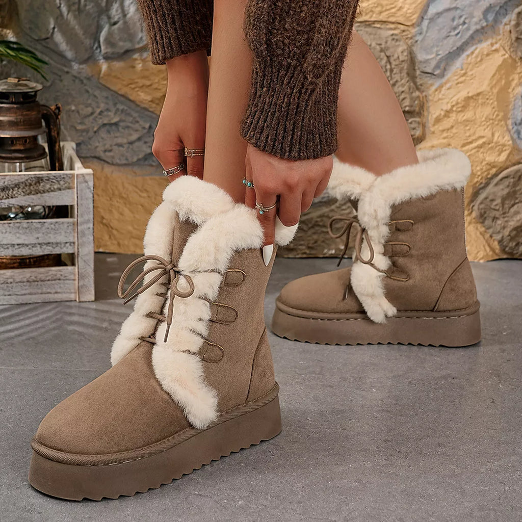 Women's Boots Faux Suede Fluff Lined Lace Up Round Toe Platform Mid Heels 1de8884c13d24ff3807825abc962a472-Max-Origin Trendsi