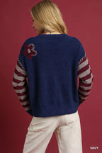 Umgee Womens Sweater Navy Flower Jacquard Striped Long Sleeve Pullover 1de8c951-47f0-4ade-999b-31003e87cd5f-Max-Origin Trendsi