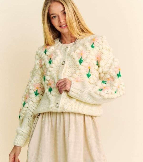 Davi & Dani USA Cardigan Floral Embroidery Pattern Button Down Long Sleeve Cream 1dedf0fc-5929-4080-87db-de5b9891d935-Max Trendsi