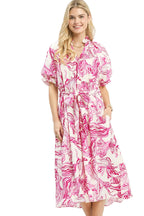 Umgee Abstract Print Smocked Tie-Waist Midi Dress