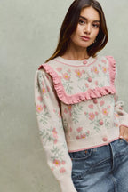 SO ME Womens Sweater Cardigan Beige Pink Flower With Ruffle Detailing 1df5623fe7c34a3d8256a0cc8fa1c999-Max-Origin Trendsi