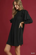 Umgee Babydoll Dress Black Linen Ruffle Shoulder Pleated 3/4 Sleeves 1df5faaf-cdf3-4b18-950b-8ef9e55c89e8-Max-Origin Trendsi