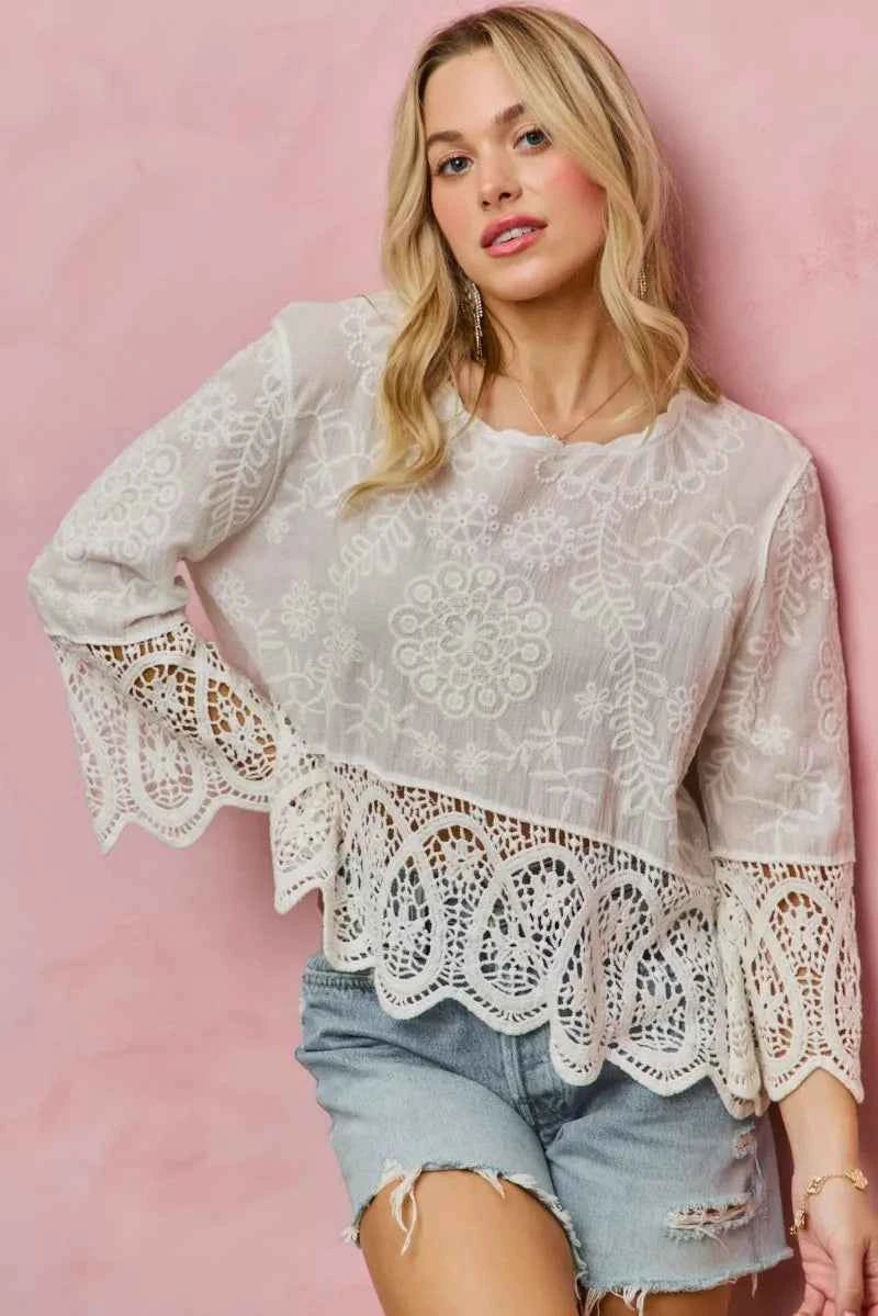 SO ME Floral Embroidered Crochet Lace Trimmed Top