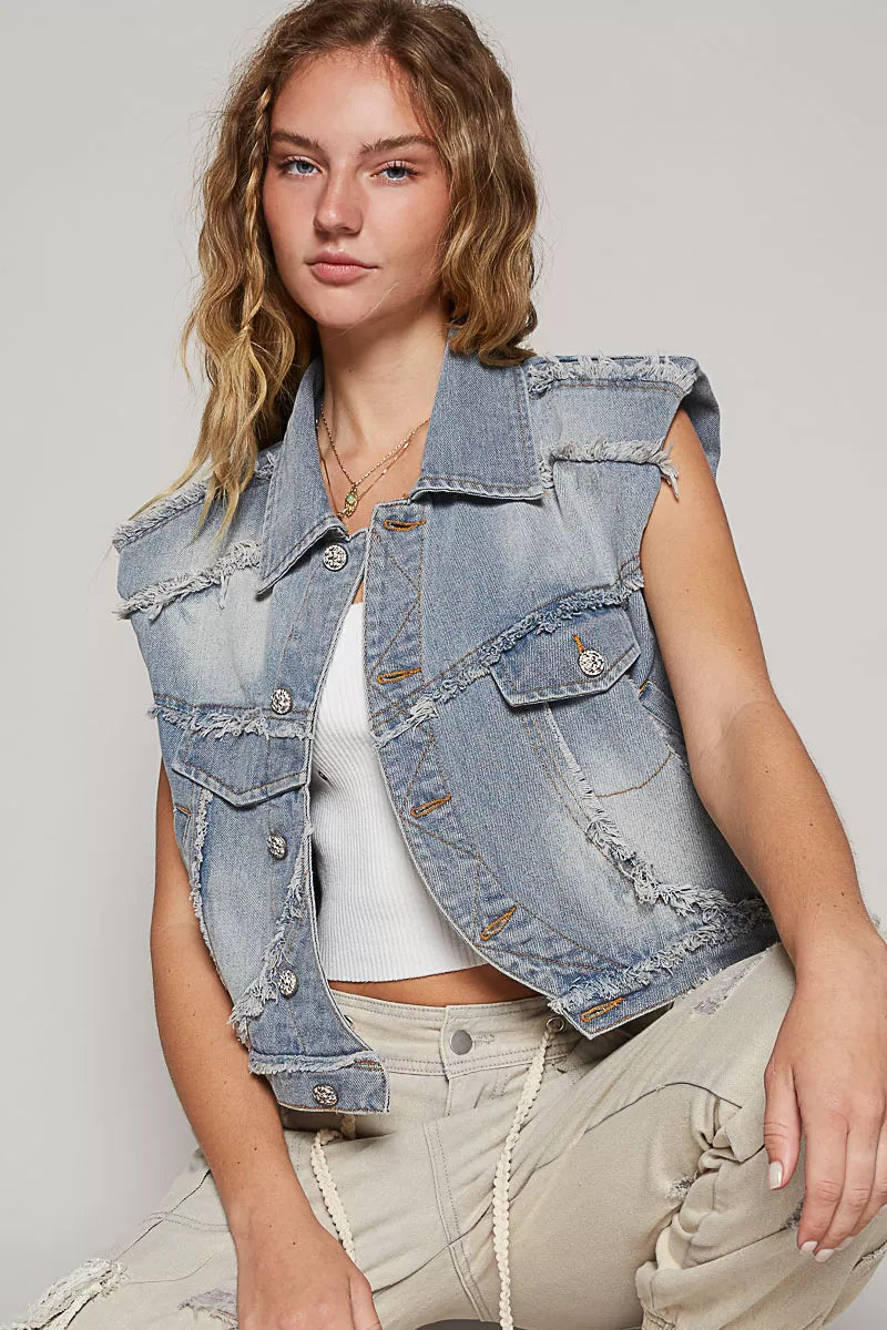 POL Denim Vest Assymetrical Front Closure Raw Hem Womens Outwear 1dffd750-3309-4fde-a6ff-e276708e8556-Max-Origin Trendsi