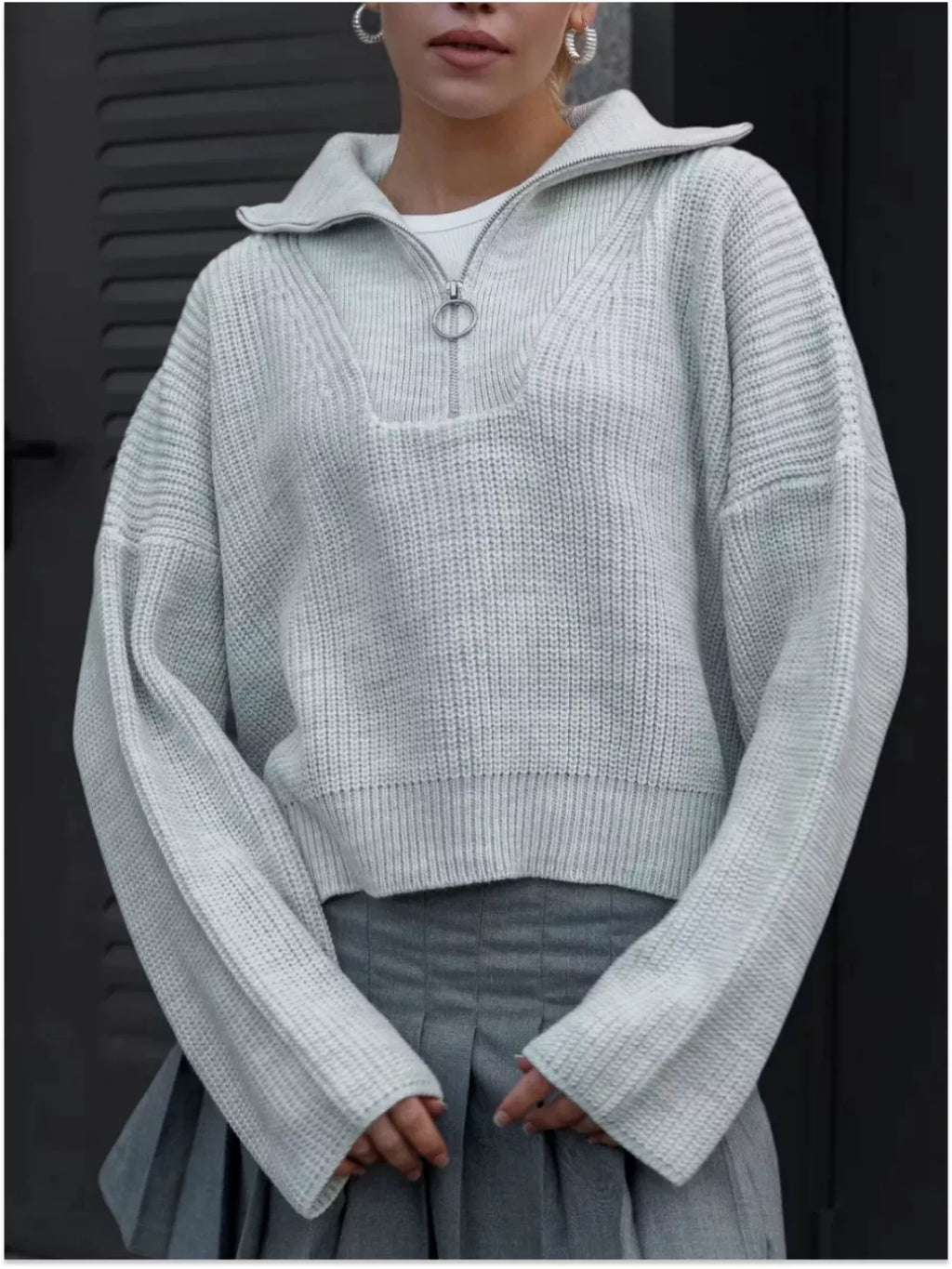 Women's Sweater Half Zip Dropped Shoulder Knit Loose Pullover 1e110ef9e927433382d3bd6a15532795-Max-Origin Trendsi