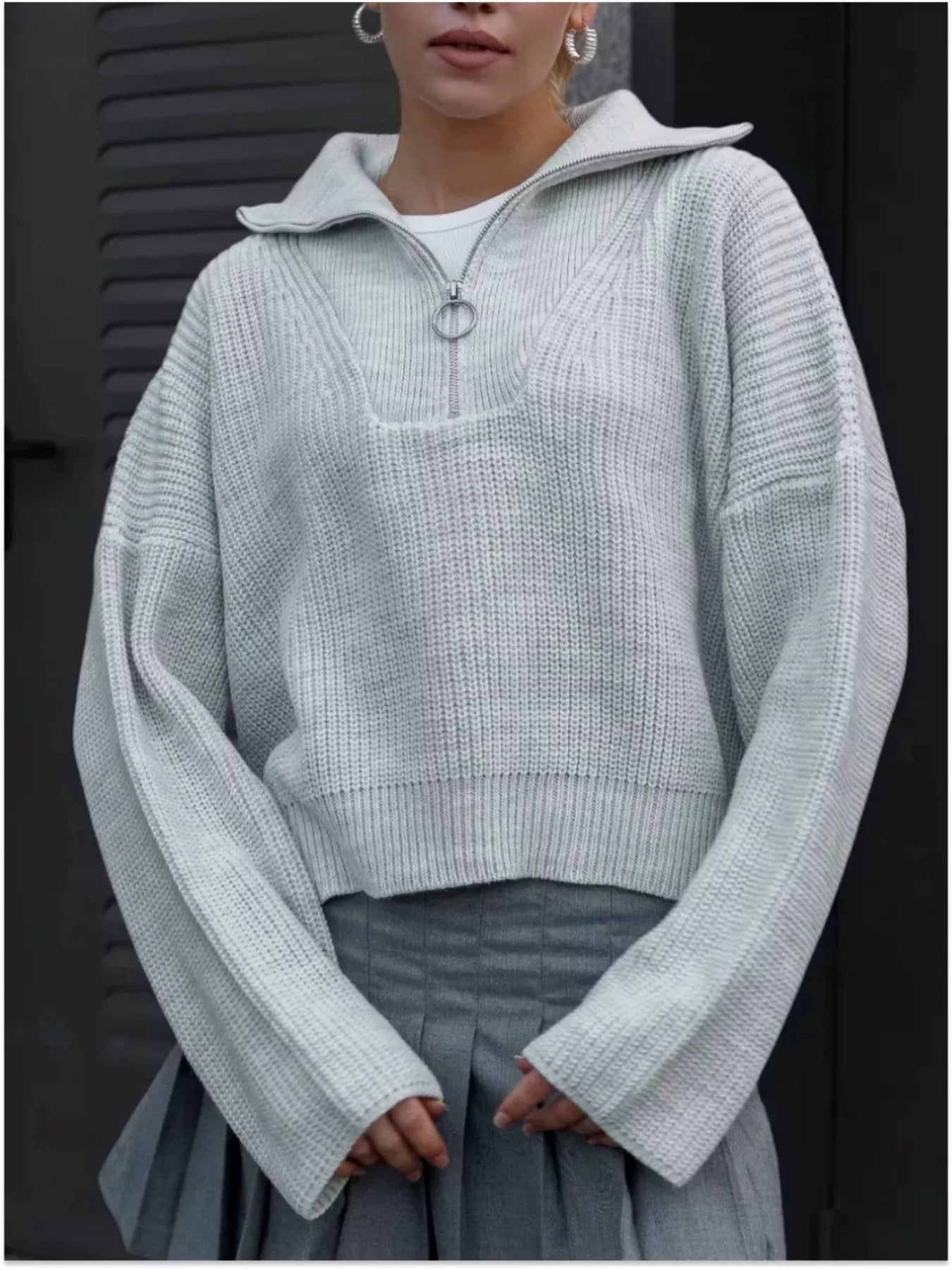 Women's Sweater Half Zip Dropped Shoulder Knit Loose Pullover 1e110ef9e927433382d3bd6a15532795-Max-Origin Trendsi