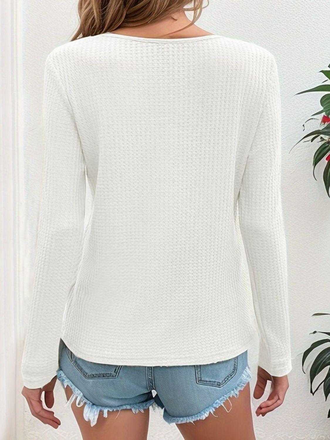 Waffle-Knit Top V-Neck Long Sleeve Button Blouse 1e191a80-67fb-4869-86b6-d160d235f6f9-Max Trendsi