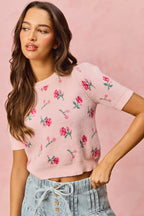 SO ME Womens Sweater Top Blush Pink Floral Pattern Knit Puff Short Sleeves 1e1b36446d704c1c85b0d11de188d8d9-Max-Origin Trendsi