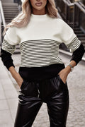 Women Knit Top Striped White Black Color Block Long Sleeve Pullover Black 1e1e7867-7617-40c2-814f-4da0facfd5a8-Max Trendsi